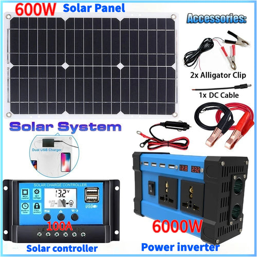 600W solar panel, 100A charge controller with USB, and 6000W blue inverter with dual AC outlets and cable accessories.
