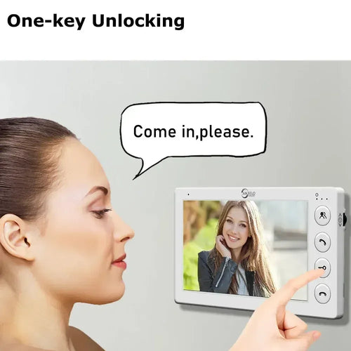 Wall video intercom monitor with touch controls showing a live guest