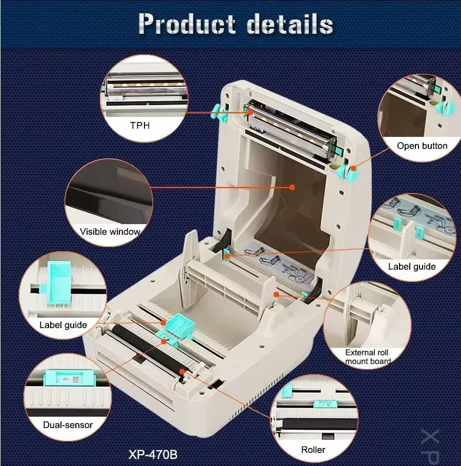 300DPI XP-470E HD 4Inch/118mm Thermal Label Printer with Paper Bin Desktop Shipping Barcode Printer Xprinter  Waybill Printer