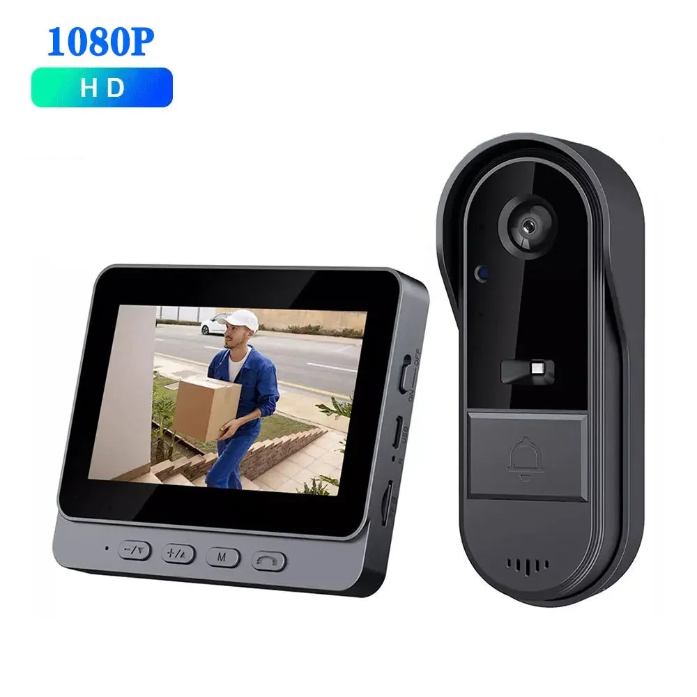 Black doorbell camera and 4.3in display monitor with video preview