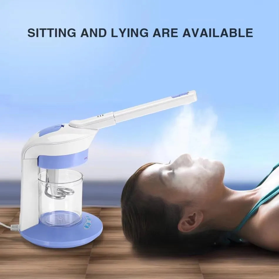 Professional white and blue facial thermal steamer with adjustable arm emitting nano mist for home skin spa treatment.