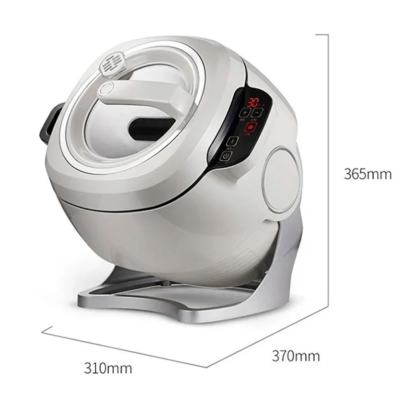 White 6L multi cooker robot with lid and control panel; shown with size dimensions