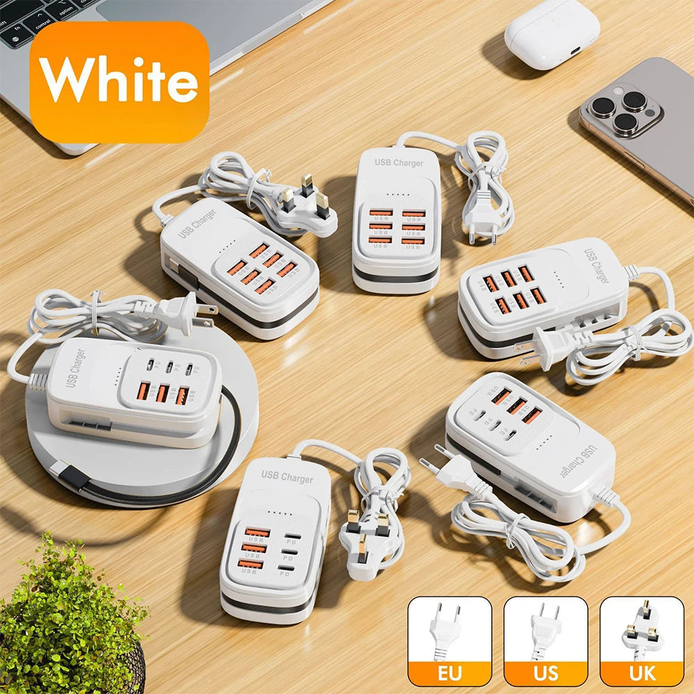 EU/US/UK 6-Ports USB Charging Extension Socket with Type-C Cable 3USB 3PD Power Strip Desktop Charging Station HUB Adapter 5V2A