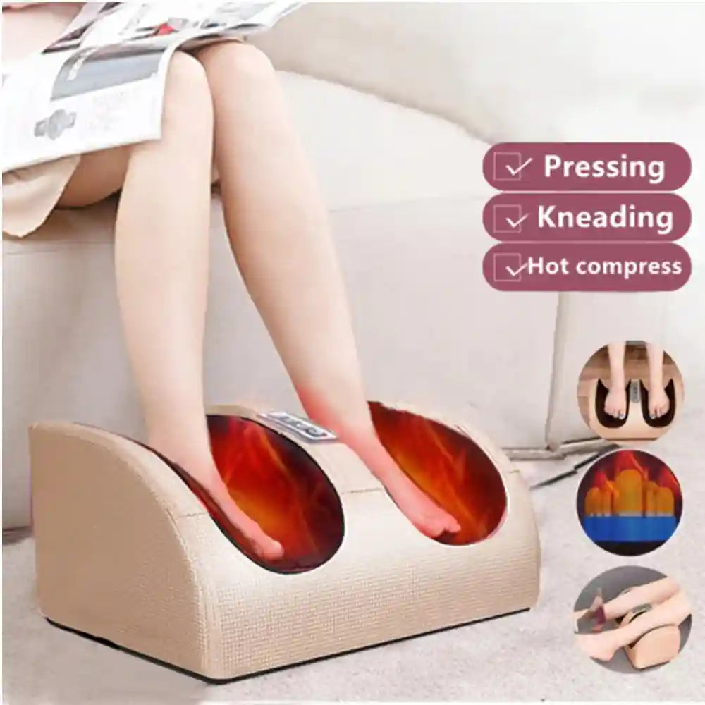 Beige electric foot massager machine with shiatsu kneading, roller massage, and heat therapy for pain relief.