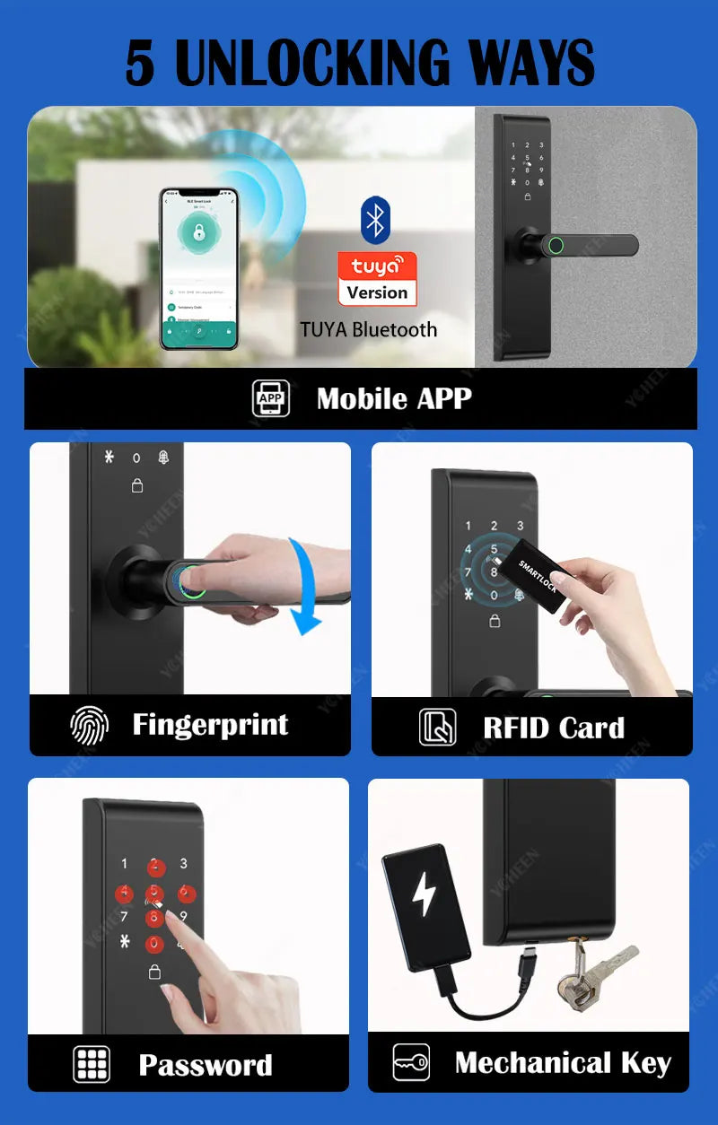 Keyless Tuya Bluetooth APP Digital Biometric Fingerprint Electric Smart Door Handle Key Card Lock with 5050 72 85 Mortise