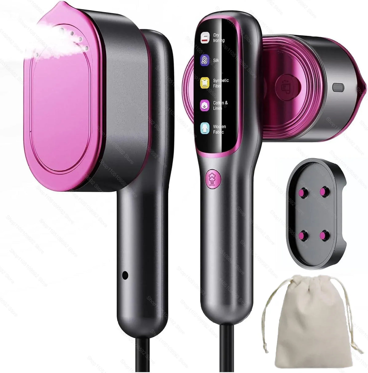 Handheld garment steamer with pink and grey finish, digital display screen, stand, and travel bag emitting gentle steam.