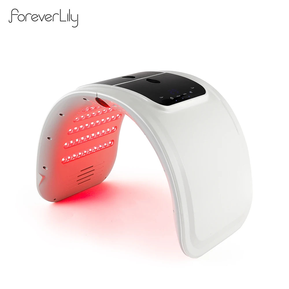 Arch-shaped white LED light therapy device with a digital control panel, emitting red light for facial skincare.