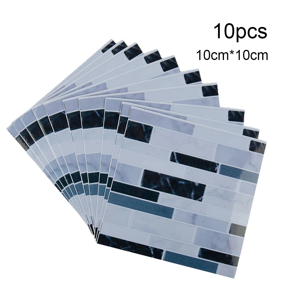 3D mosaic tile sticker sheets, light blue-white and black brick pattern, self-adhesive