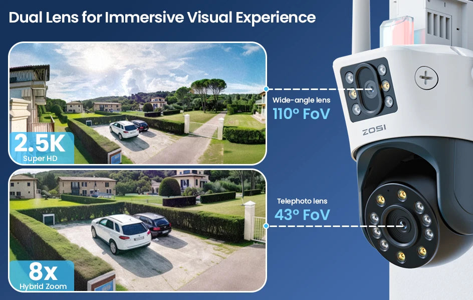 ZOSI C298 8MP/4MP Dual-Lens Wired WiFi PTZ Security Camera Outdoor Wide Angle 8X Hybrid Zoom AI Detection 360 Surveillane Camera