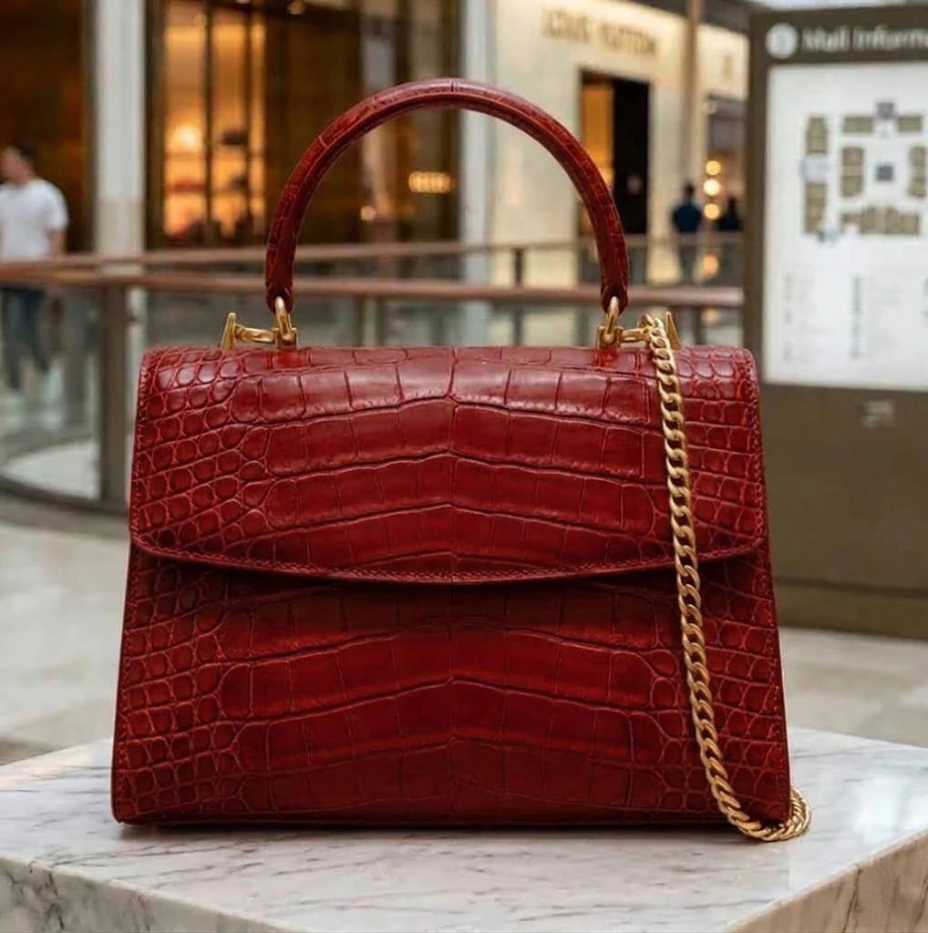 Red vintage alligator leather designer handbag with gold chain strap, top handle, and flap closure.