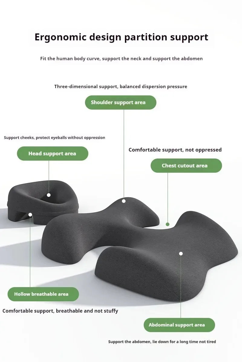 Dark gray ergonomic foam massage cushions with labeled support areas for the face, shoulders, chest, and abdomen.