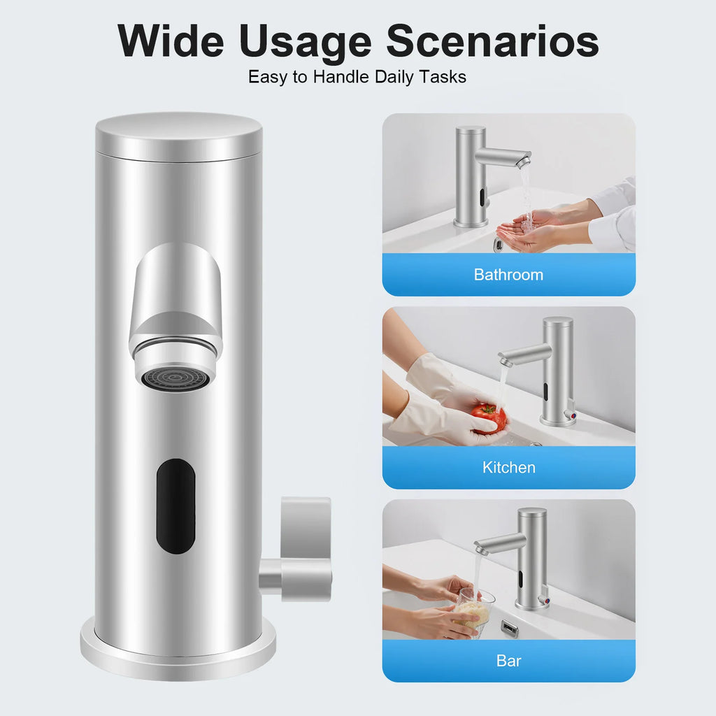 Compact Hot Cold Touchless Sensor Faucet, 304 Stainless Steel Automatic Infrared Sensor Tap, DC 6V Power Supply, Water Temperature Range 0–55°C , for Bathroom Sink, Hotel, Hospital, Office