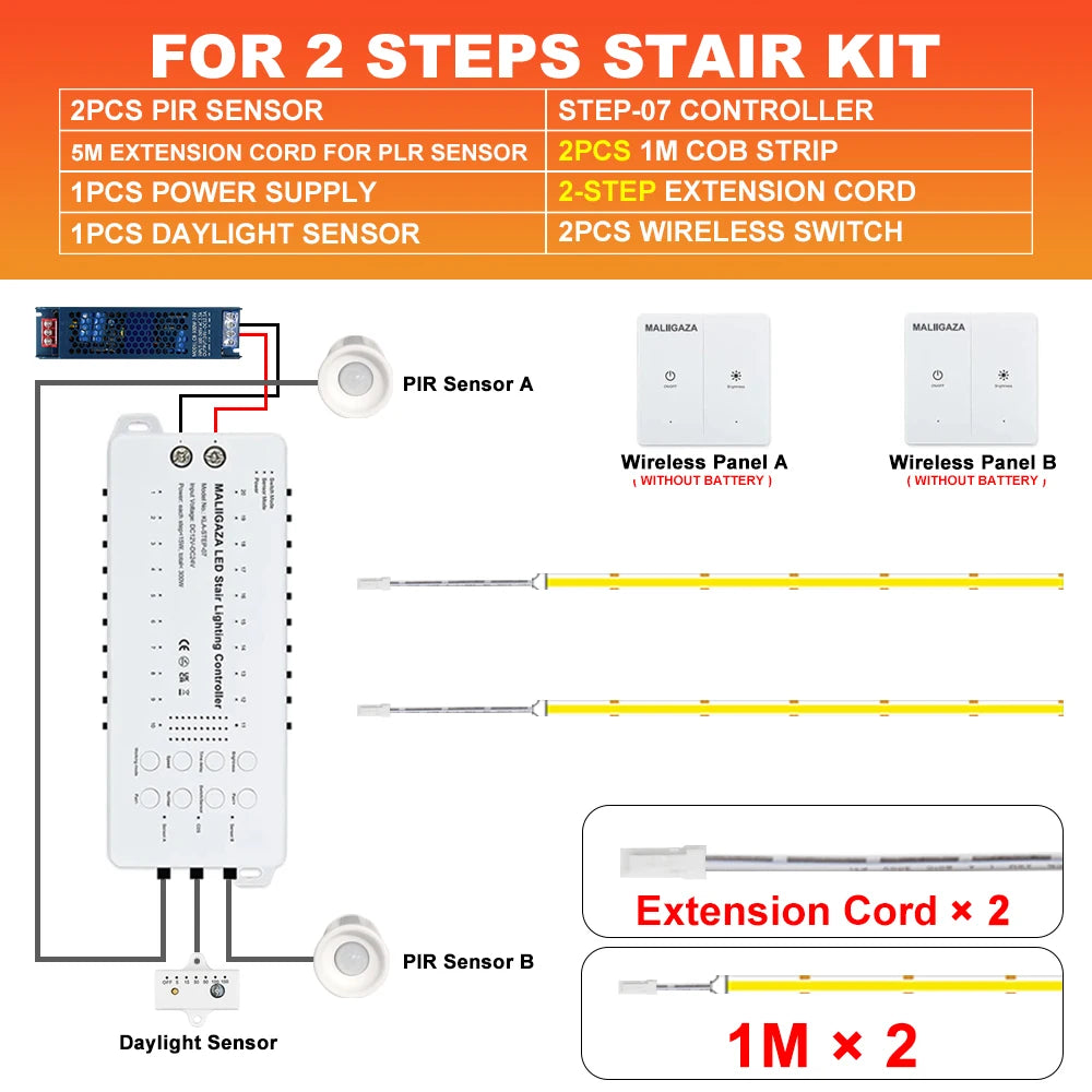 LED stair light kit with PIR motion sensors, COB strip, extension cord for 2 steps