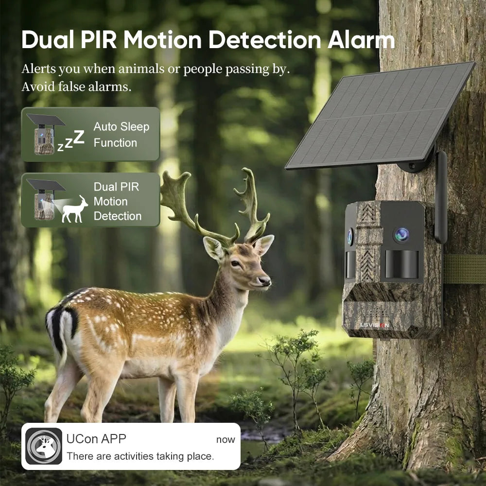 UCON 24MP Outdoor Solar Cellular Trail Camera Wildlife Camera Dual Screen Dual PIR Animal Detection 0.2s Triggered Night Vision