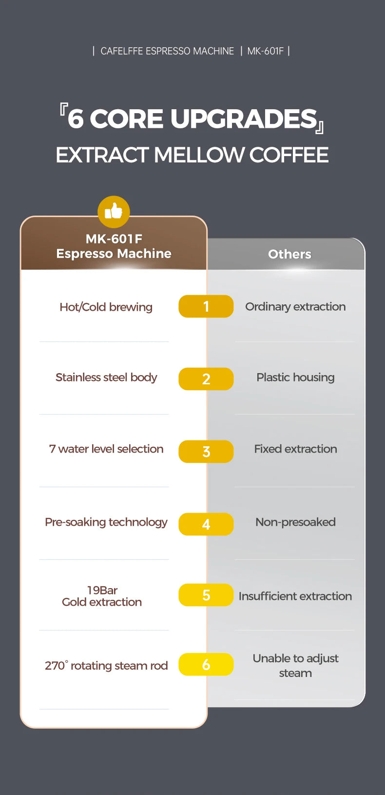 Cafelffe MK-601F stainless steel espresso machine comparison chart highlighting 19-bar pressure and hot/cold brewing.