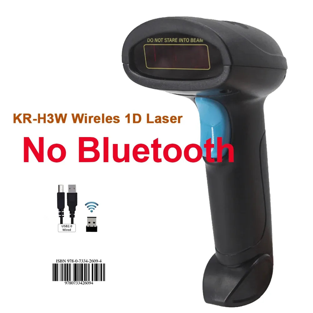 Black handheld laser barcode scanner with blue window and no-Bluetooth design