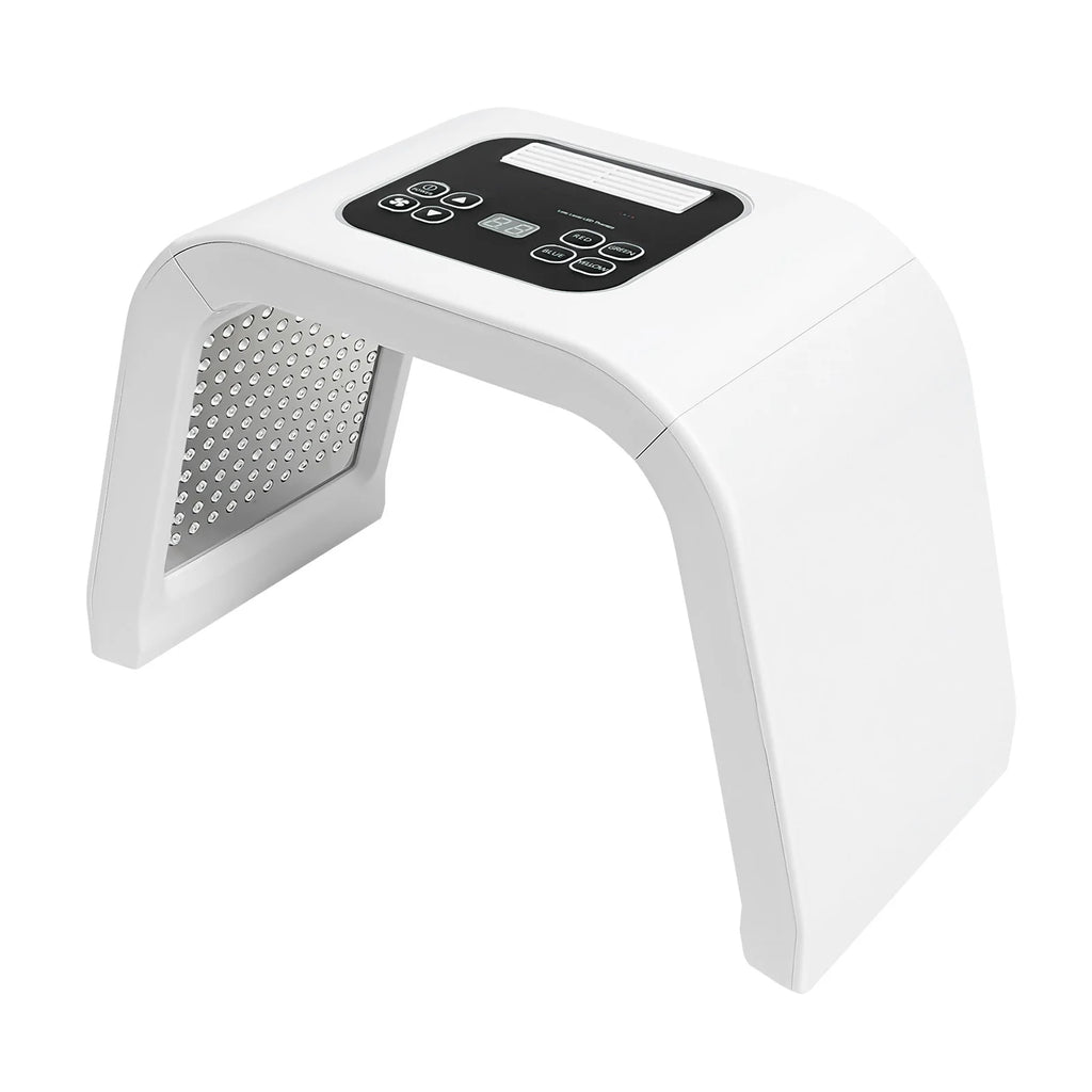 White arch-shaped LED light therapy machine for facial skin care with a digital control panel on top.