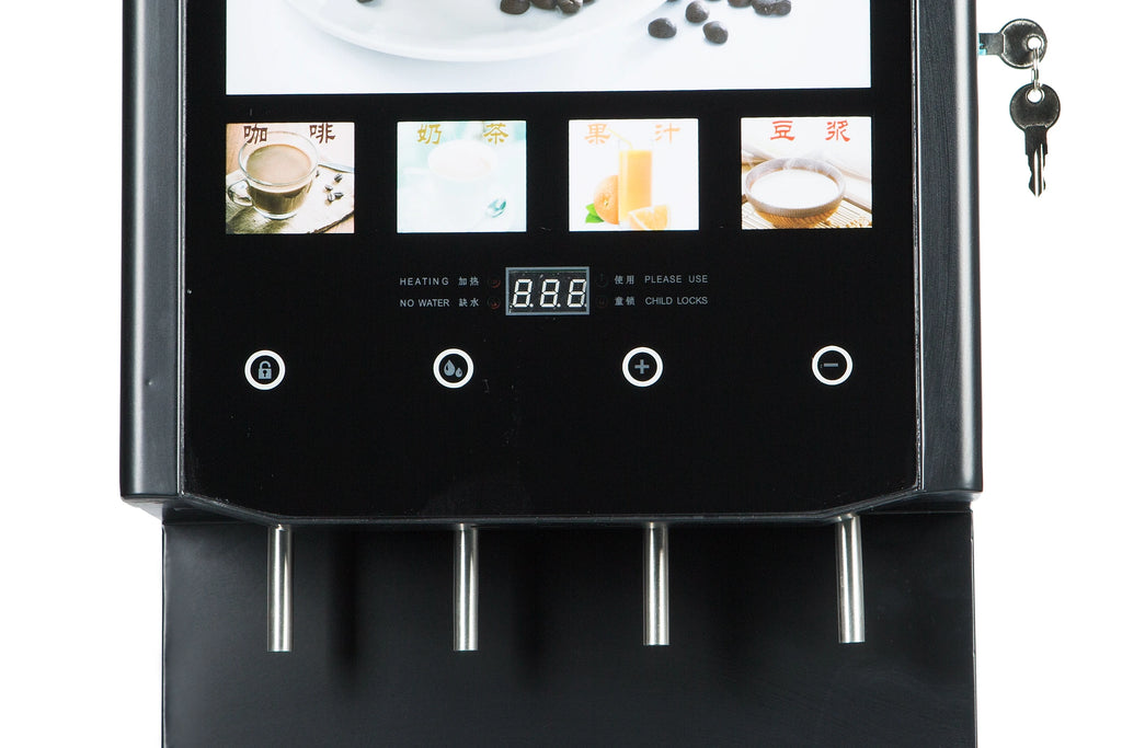 Black commercial hot drink dispenser with four-button touch panel, digital temperature display, and child safety lock.