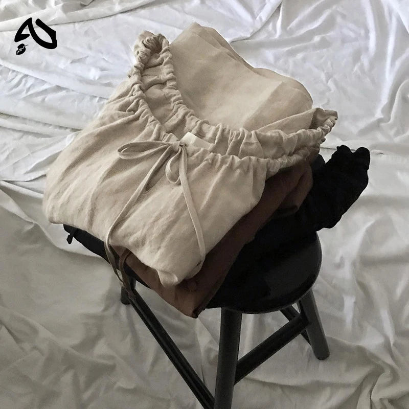 Original New Spring Vintage Cotton Linen Dress for Women Solid Long Sleeve Drawstring Linen One-Piece Dress Maxi Dress
