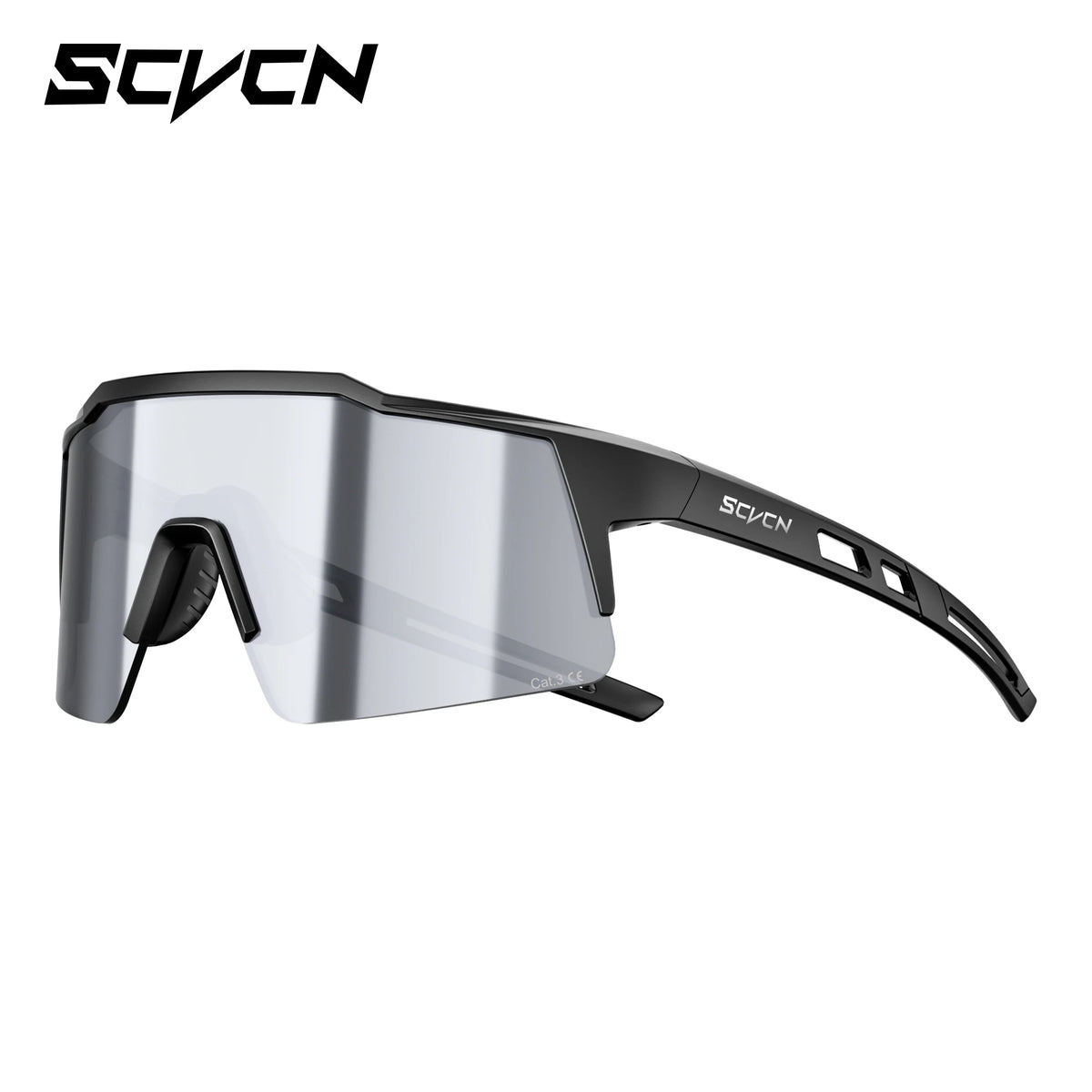 SCVCN photochromic cycling sunglasses, black frame, silver mirrored lenses