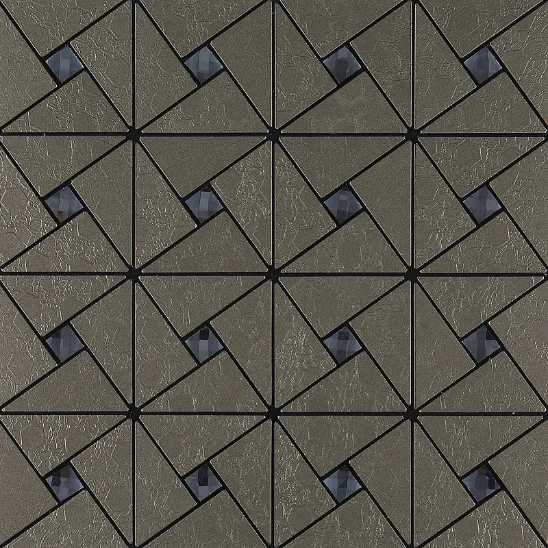 Self-adhesive mosaic wall tile sheet, dark gray pattern with black intersecting triangle outlines