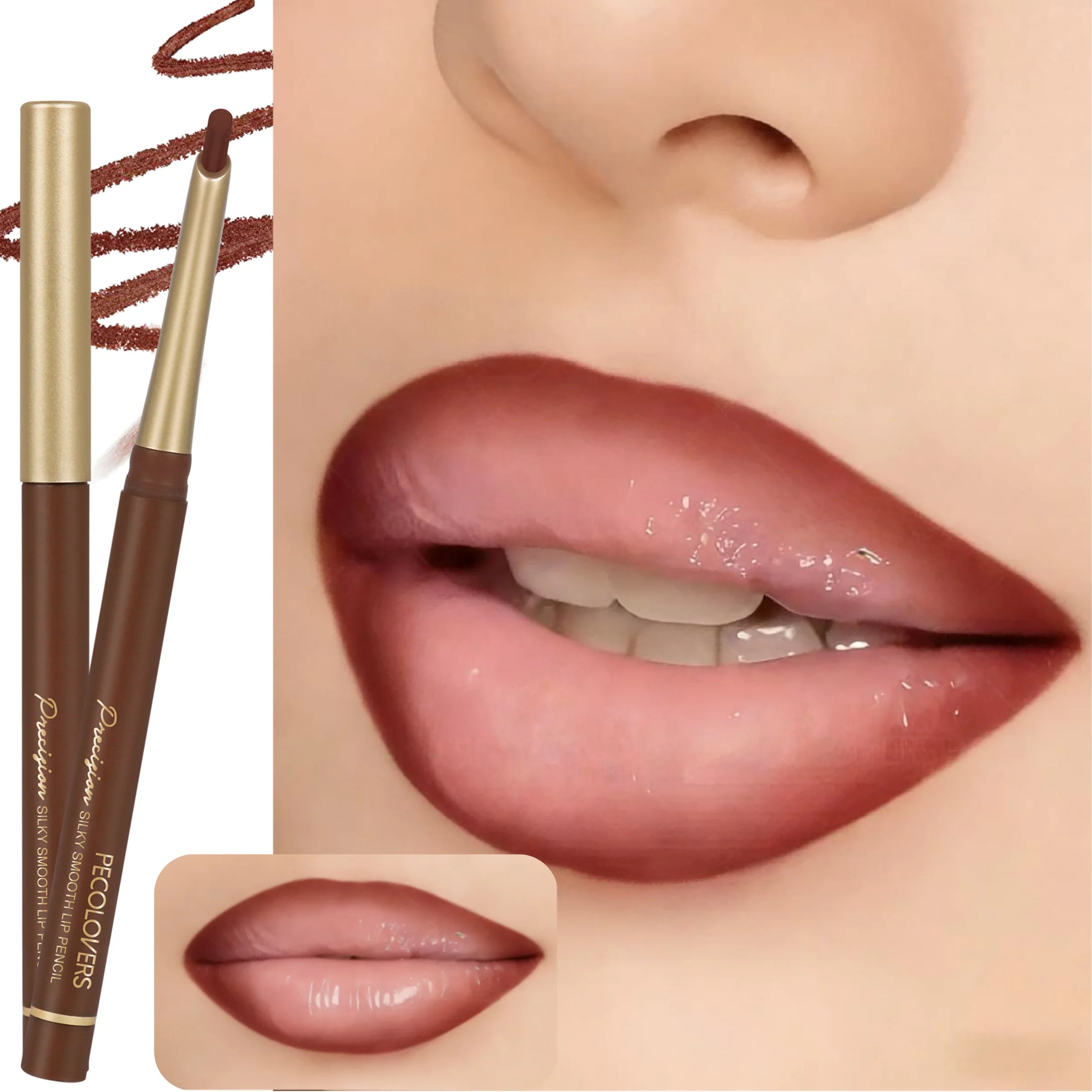 Waterproof matte lip liner pencil in deep brown, shown on lips with a long-lasting, silky smooth, non-staining finish.