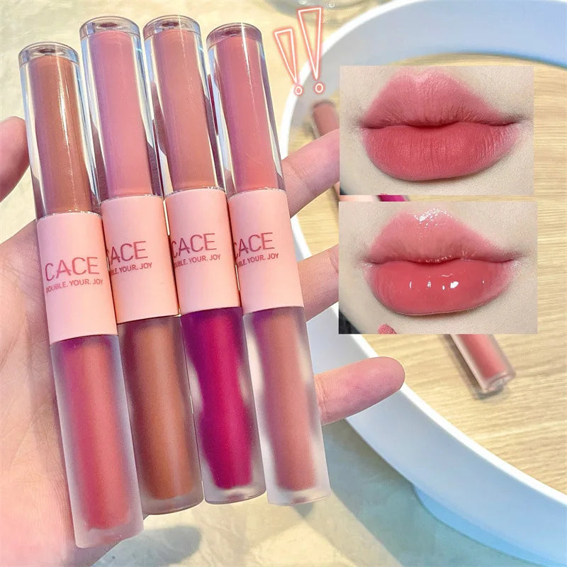 Double-headed lip gloss set with matte and mirror finish for waterproof, durable, moisturizing lip makeup color.