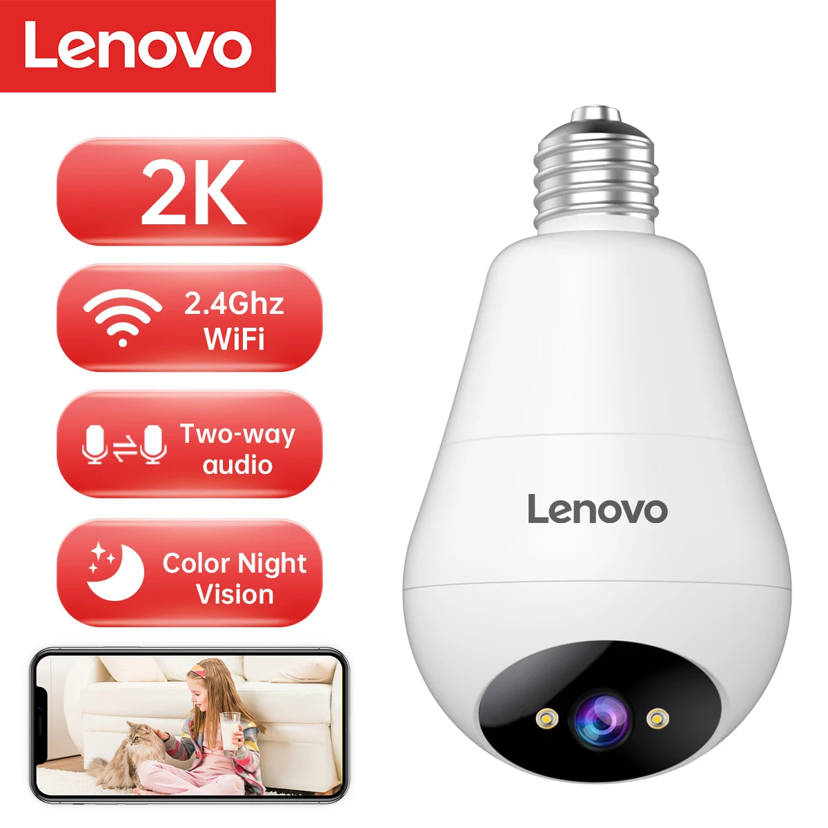 Lenovo 2K E27 Bulb WiFi Camera Home Indoor Video Surveillance Camera Color Night AI Tracking Security PTZ IP Camera Baby Monitor