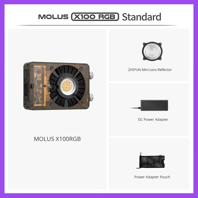 MOLUS X100 RGB light with mini reflector, power adapter, and pouch. Compact rectangular LED for photography lighting.