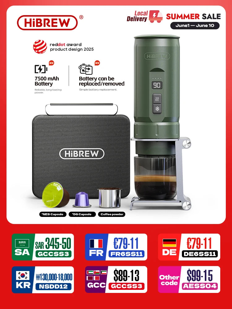 HiBREW portable green coffee maker with 7500mAh battery, digital display, travel case, and capsule accessories.