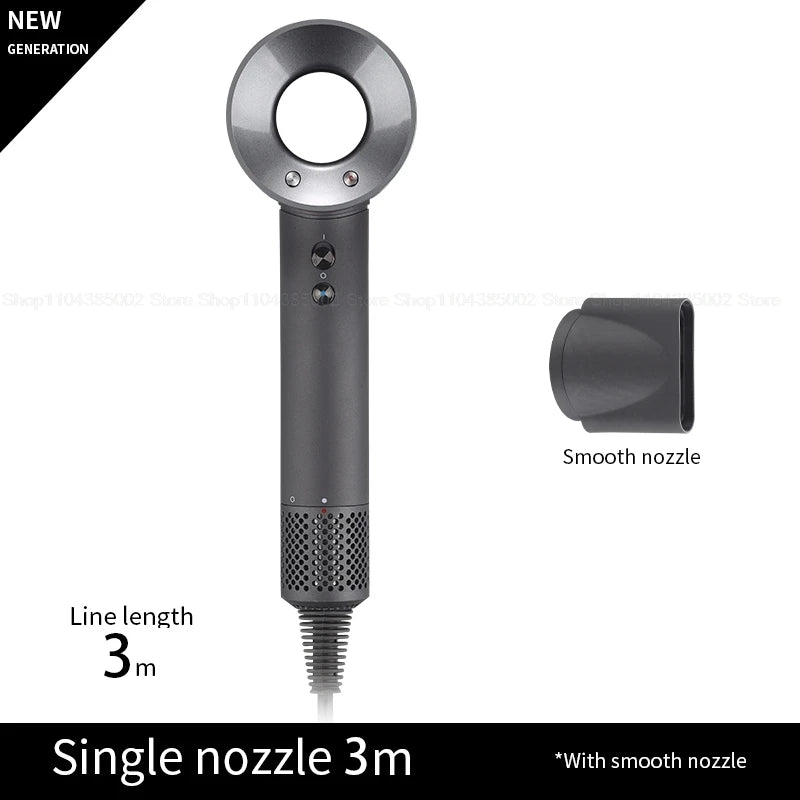 Grey leafless negative ion hair dryer with smooth nozzle attachment, 3m cord, and powerful professional design.