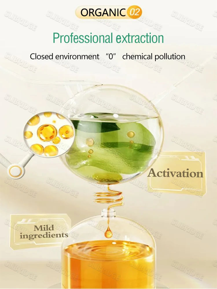 Glass extraction spheres connected by a golden coil, processing green botanical ingredients into a golden oil.