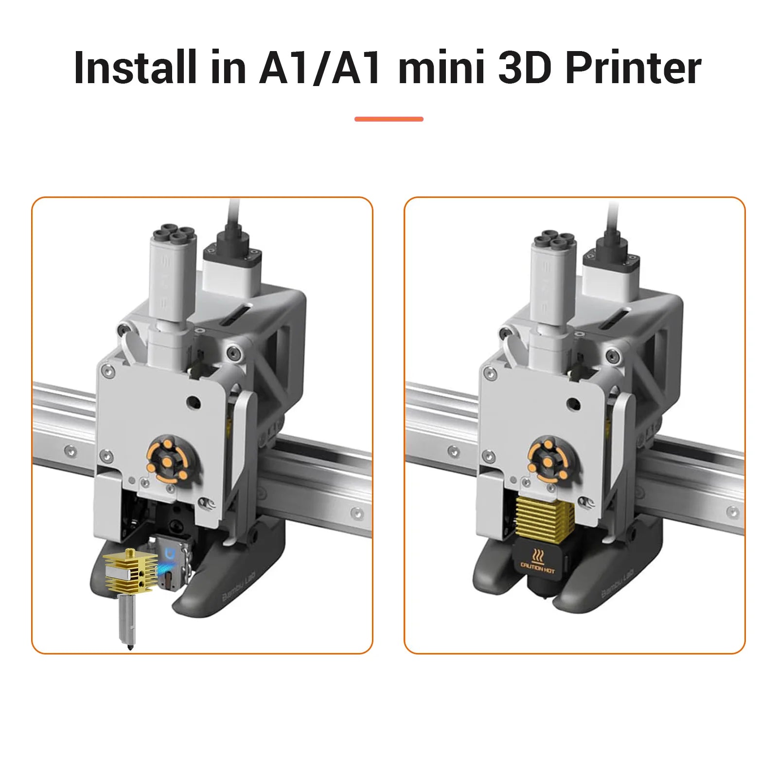 Bambu Lab A1/A1 mini 3D printer nozzle installation guide showing hotend replacement and hot nozzle safety warning.