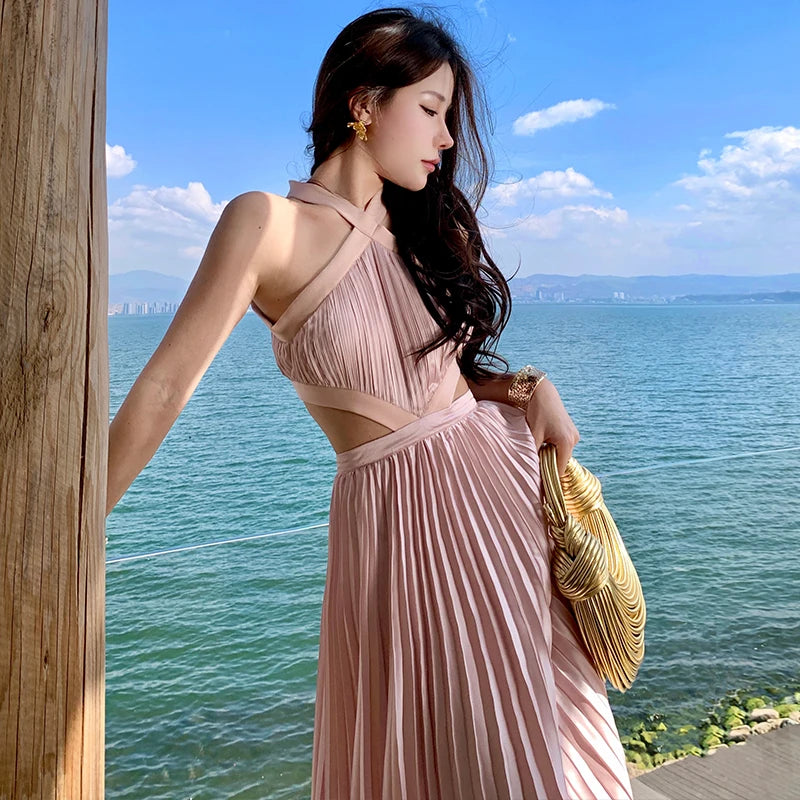 New Sexy Club Birthday Party Pleated Robe Long Dresses Women Summer Halter Neck Sleeveless Off The Shoulder Holiday Beach Dress