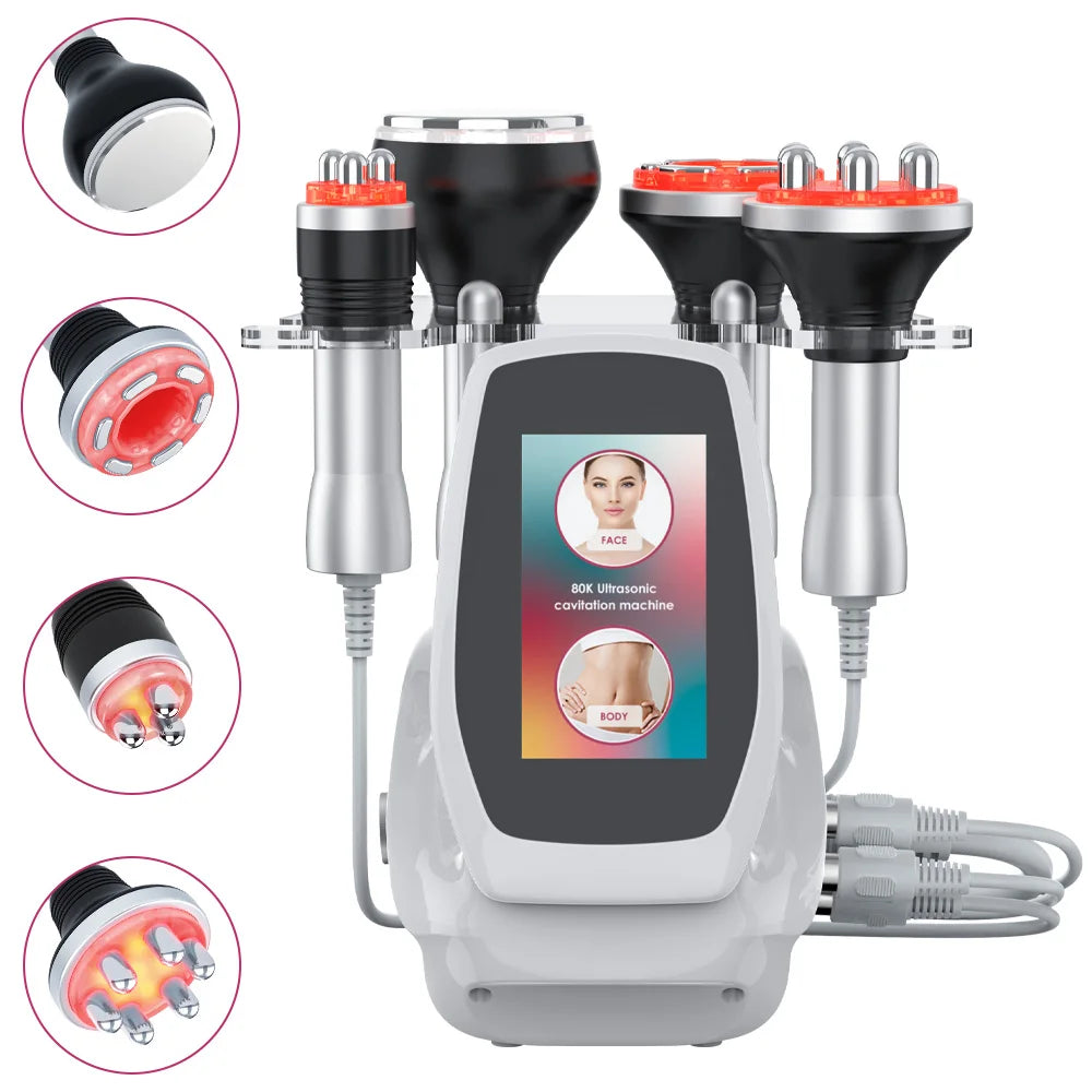 6-in-1 80K ultrasonic cavitation machine for body sculpting and skin tightening with digital display and RF probes.