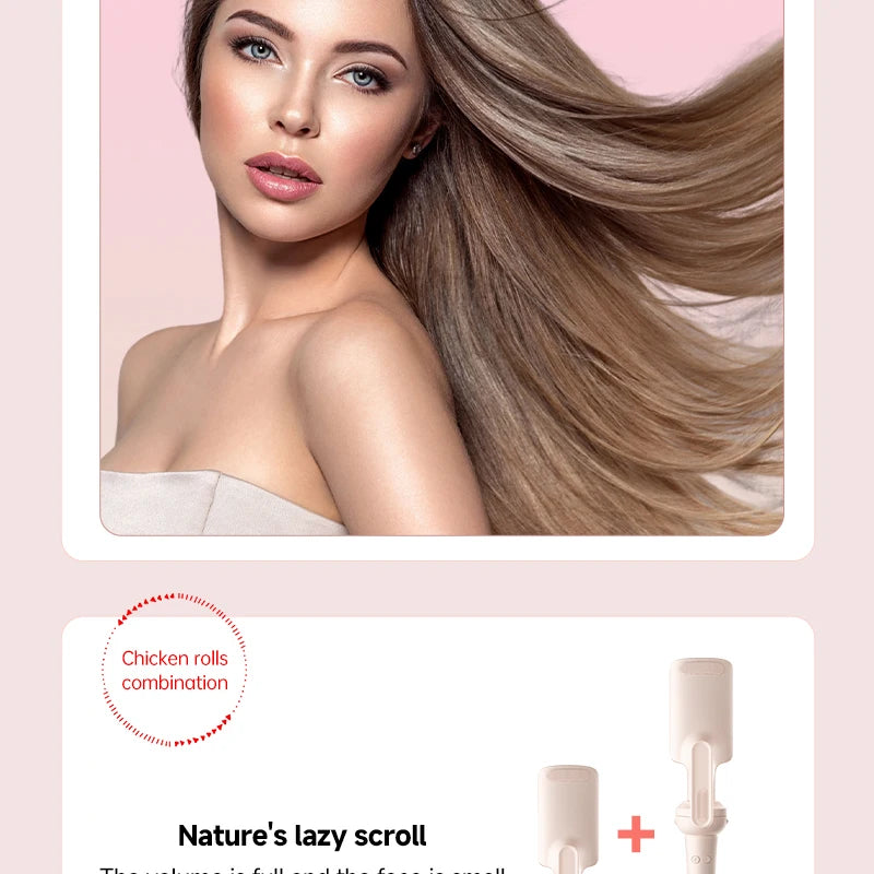 Beige automatic curling iron with interchangeable barrels for fast, tangle-free hair styling with negative ion care.