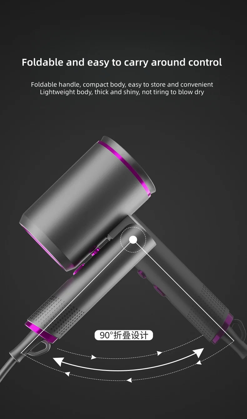 Foldable 2400W grey hair dryer with purple accents, compact travel design and ergonomic handle for easy styling.