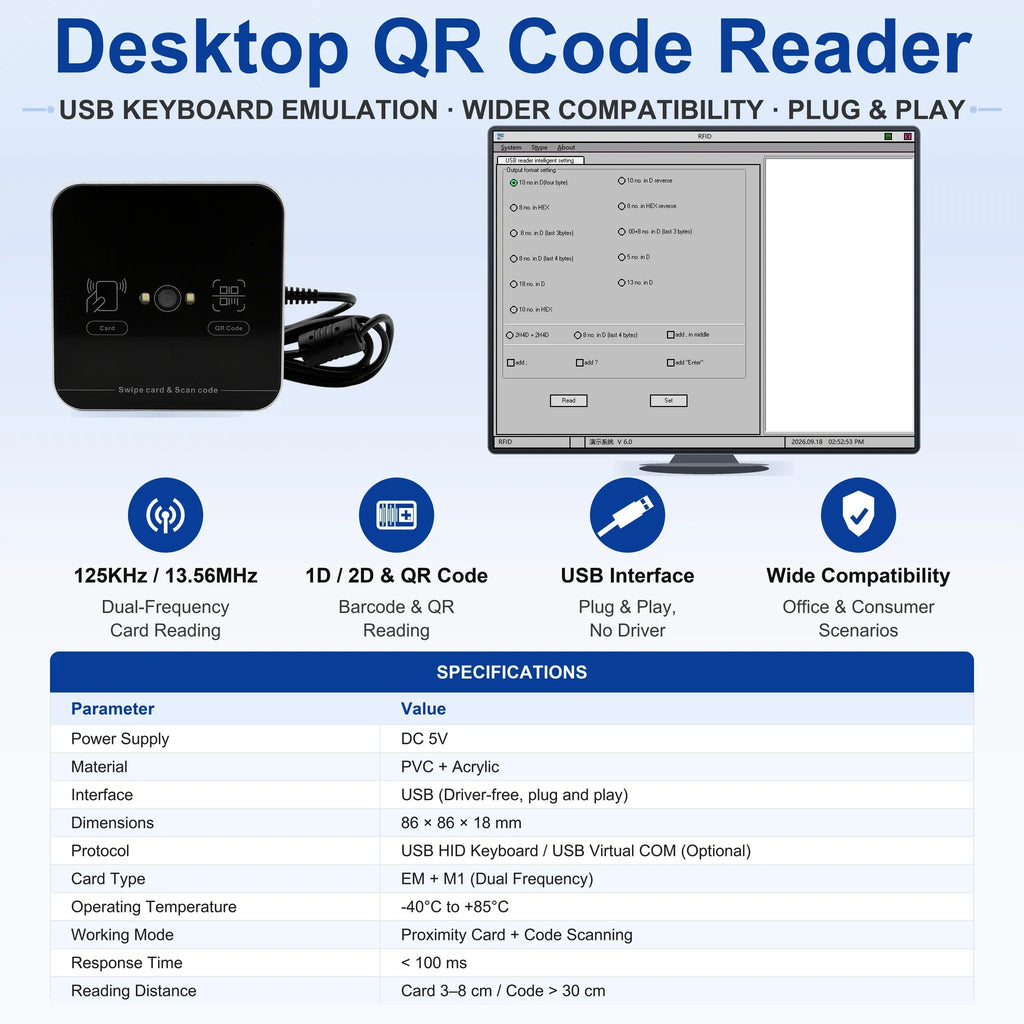 Proximity Contactless RFID Reader 1d 2d  Barcode QR Scanner 125khz 13.56mhz USB Interface QR Code Card Reader