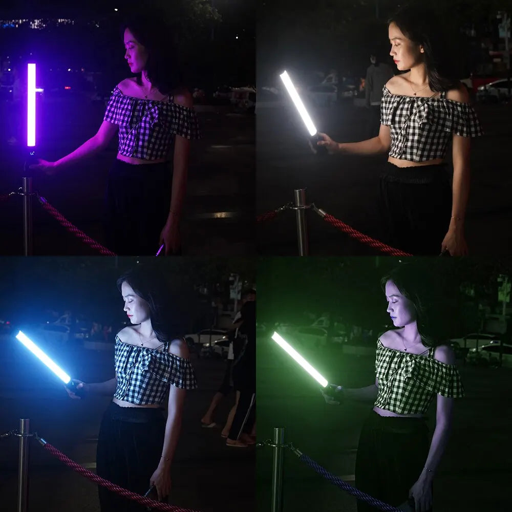 Handheld LED light wand with adjustable colors, shown illuminating a person at night.