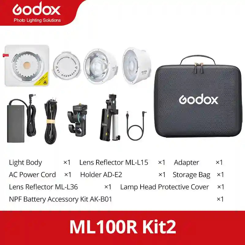 ML100R Kit2 studio light set with white LED body, two lens reflectors, power adapter, mounts, and zippered carry case.