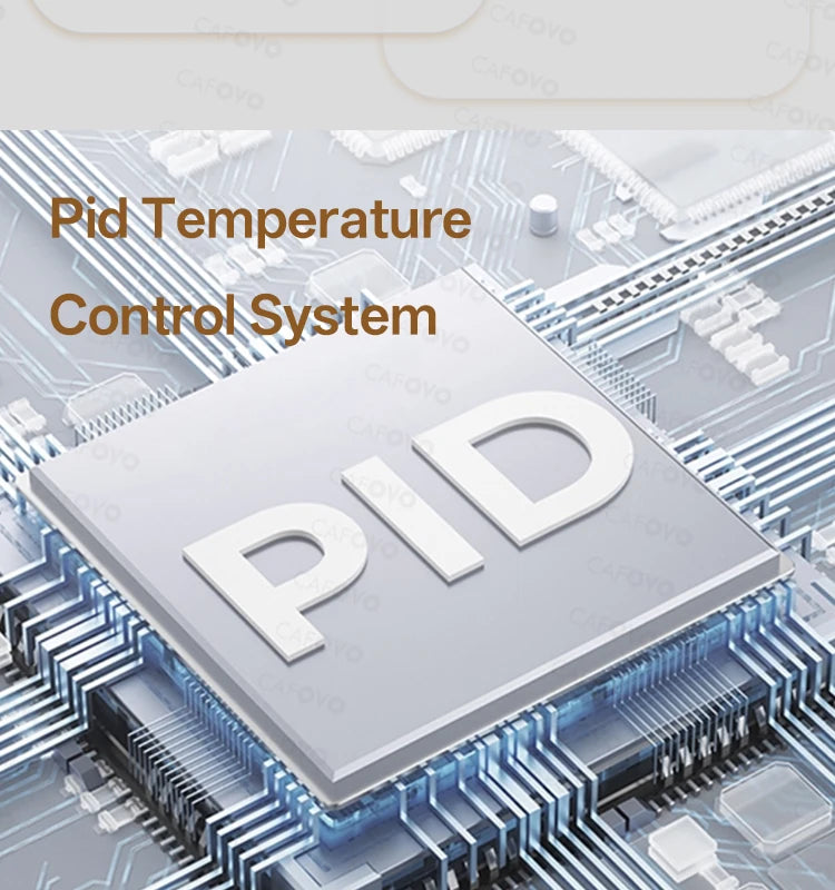 Cafovo espresso machine PID temperature control system chip on a blue electronic circuit board.