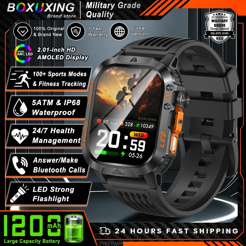 New Military Grade 1200mAh Battery Smartwatch Men 5ATM Waterproof Sports Tracker Flashlight Heart Rate AMOLED Screen Smart Watch