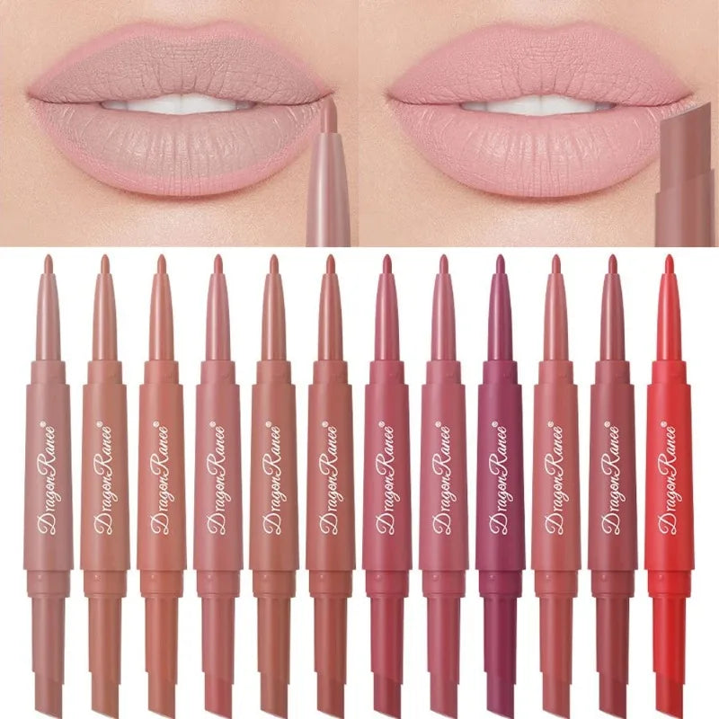 Dual-ended matte lip liner and lipstick set in waterproof nude, rose, and red shades for a long-lasting velvet finish.