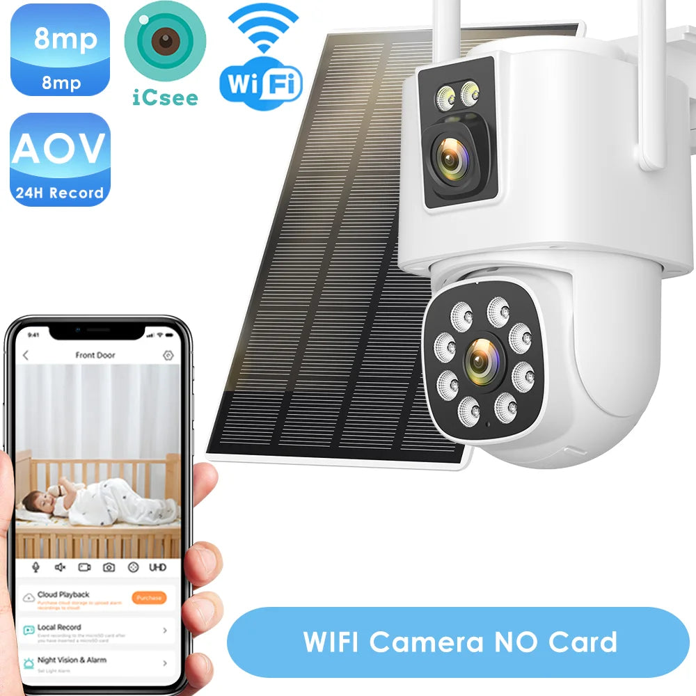 White PTZ solar security camera, WiFi, 8MP AOV, 24h record, no SD card