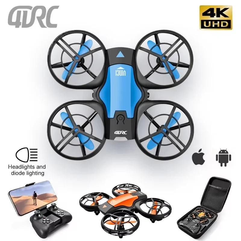 4K camera drone with blue or orange accents, propeller guards, remote control with phone mount, and carrying case.