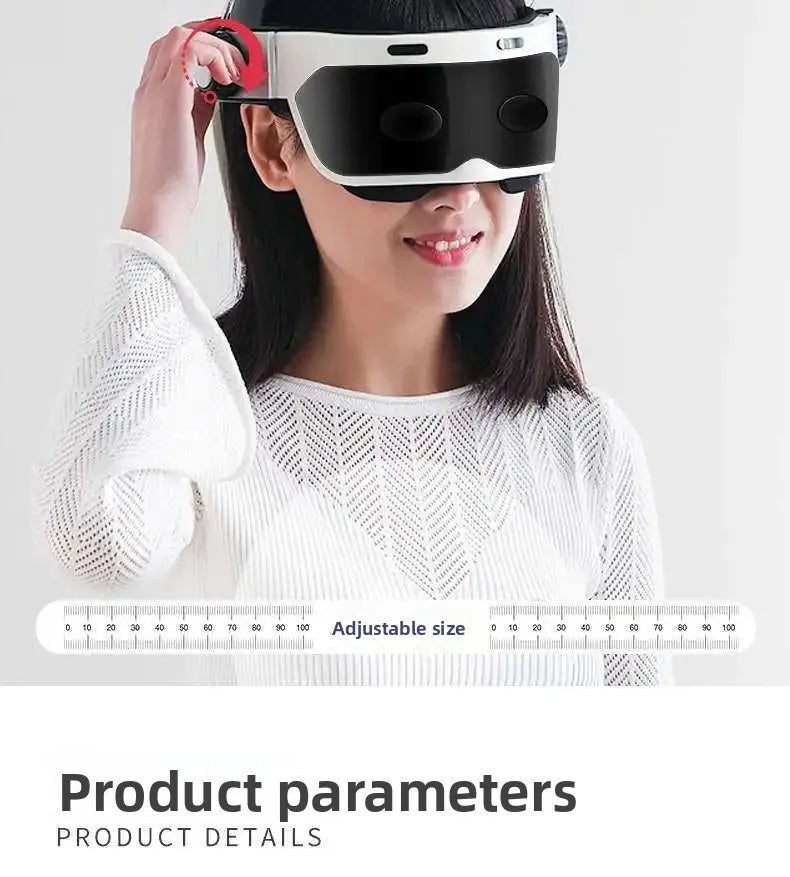 White integrated head and eye massager helmet with adjustable size dial for home scalp and neck therapy.