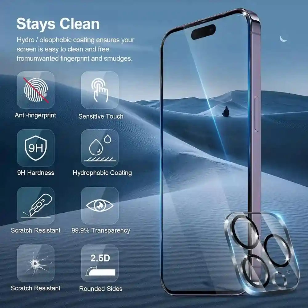 iPhone Screen Protector and Camera Lens Kit - 9H Tempered Glass AE Tidesmit