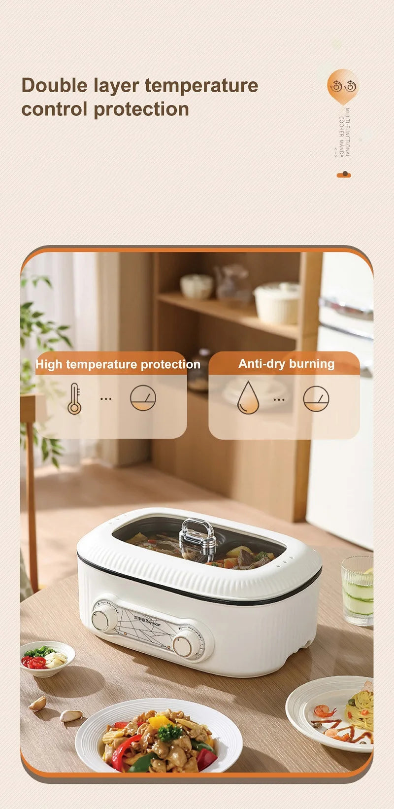 White multifunction electric hot pot with clear lid and steam vent, on a countertop