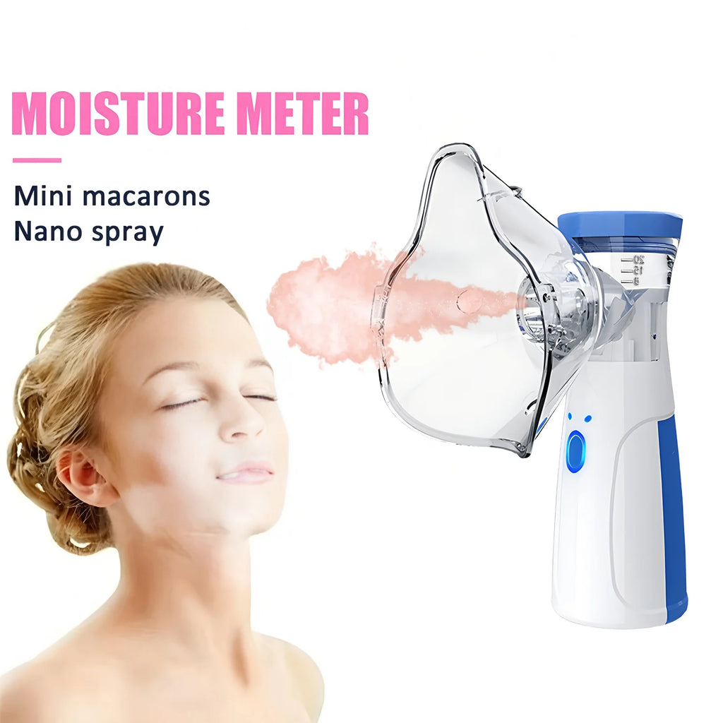 Nano ionic facial steamer with clear mask, white and blue portable design, emitting hot mist for skin moisturizing.
