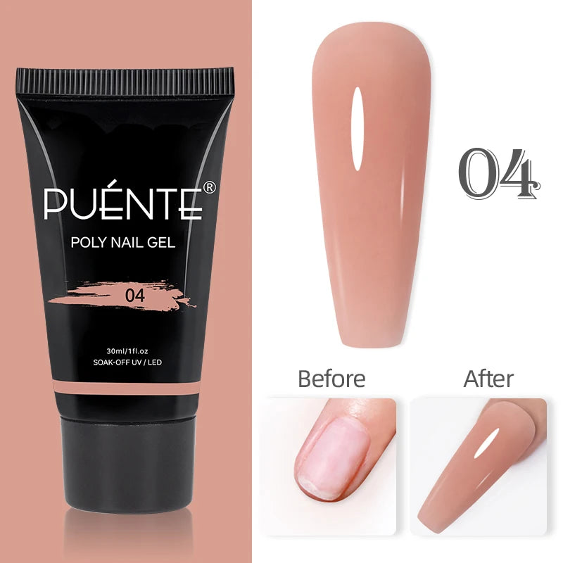 30ml tube of nude poly nail gel with a corresponding swatch and before-and-after photos for nail extensions.